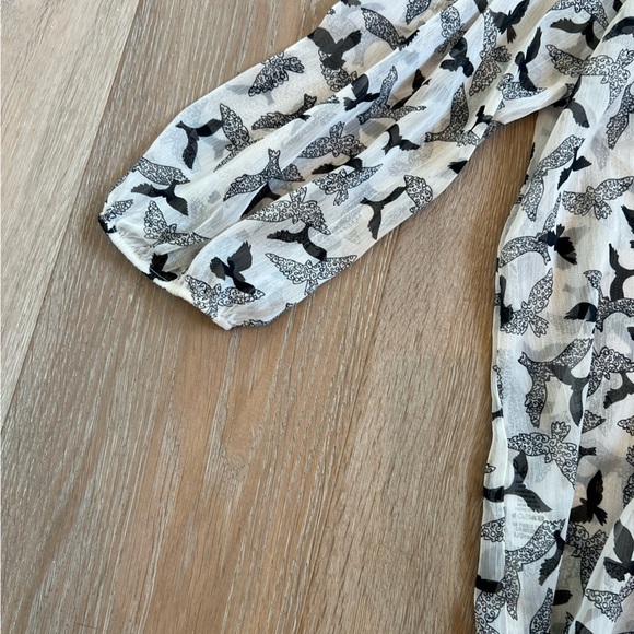 Sheer Bird Print Blouse Button Up with Tie Neck Long Sleeve - Picture 7 of 10